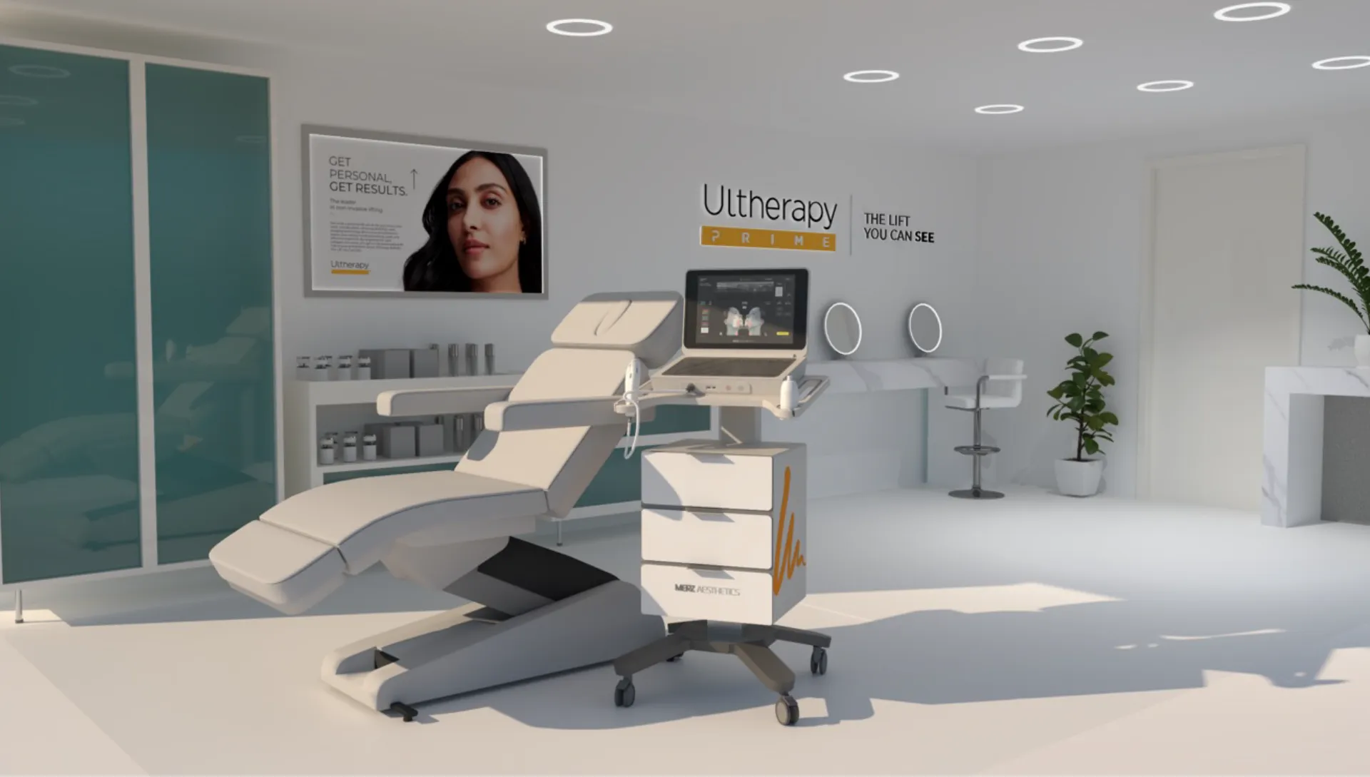 Sala de tratamiento de Ultherapy con el equipo Ultherapy PRIME<sup>&reg;</sup> para el lifting y la tensión de piel no invasivos.