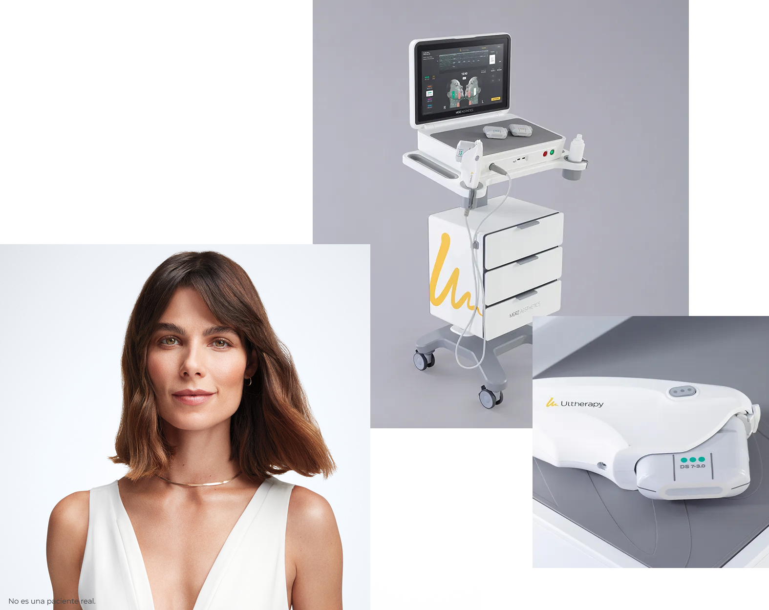 Collage featuring a woman (not an actual patient), the Ultherapy PRIME<sup>&reg;</sup> device, and its handpiece.